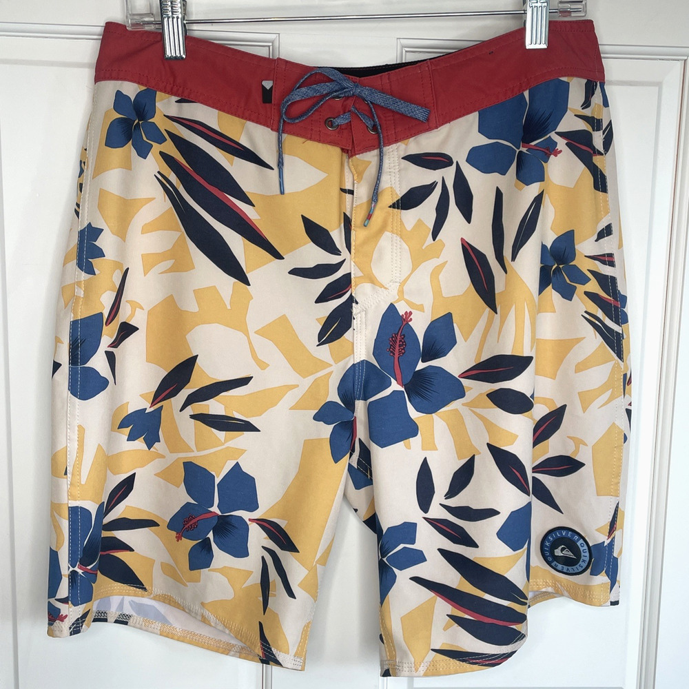 Quiksilver Mens Board Shorts Sz 33 Lightweight Surf Swim Trunks Tropical Floral